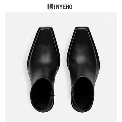 Square Toe Chunky Sole Leather Upturned Toe Chelsea Boots