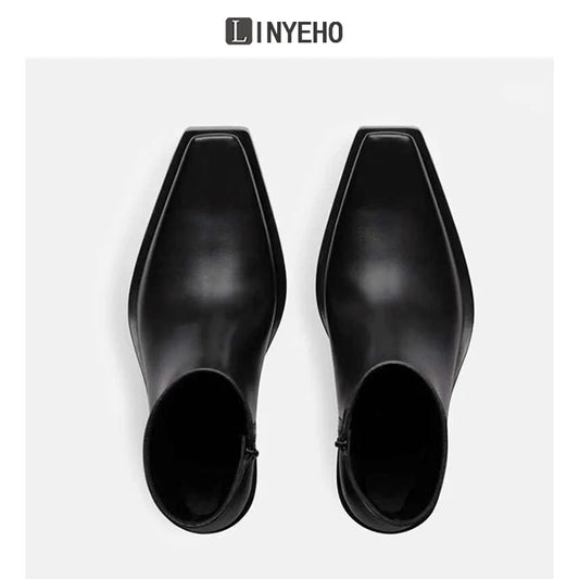 Square Toe Chunky Sole Leather Upturned Toe Chelsea Boots