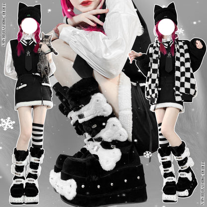 Y2K Rivet Fake Fur Platform Long Boots