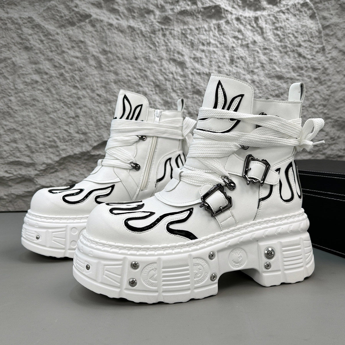 Flame Embroidery Strap Buckle Platform Short Boots