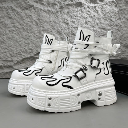 Flame Embroidery Strap Buckle Platform Short Boots