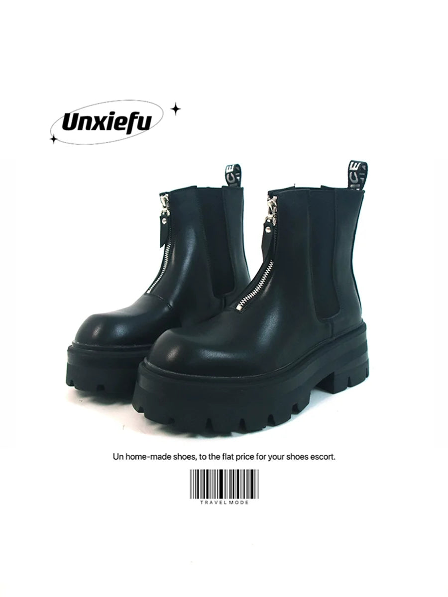 Chunky Sole Leather Zipper Chelsea Boots