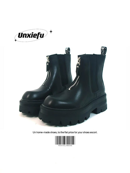 Chunky Sole Leather Zipper Chelsea Boots