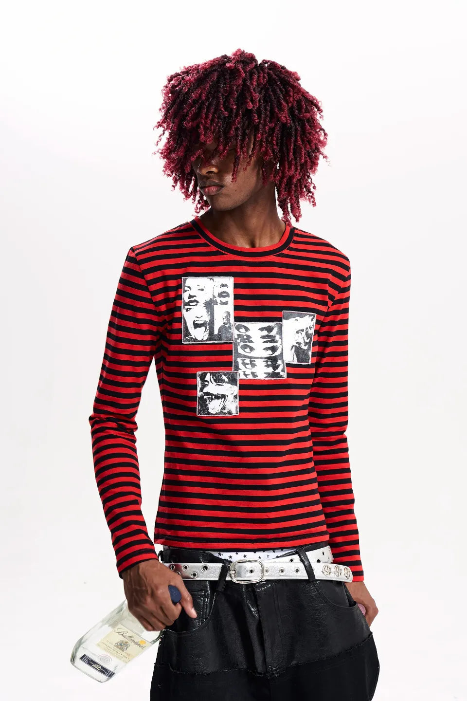 Red Striped Distorted Portrait Graphic LS T-shirts