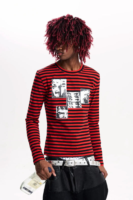 Red Striped Distorted Portrait Graphic LS T-shirts