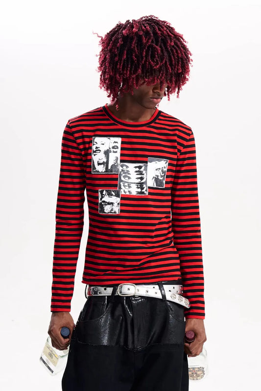 Red Striped Distorted Portrait Graphic LS T-shirts