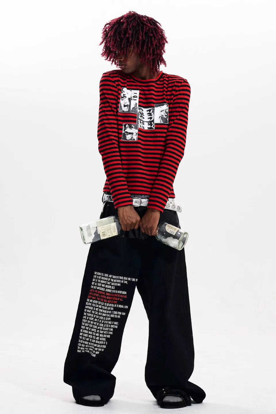 Red Striped Distorted Portrait Graphic LS T-shirts