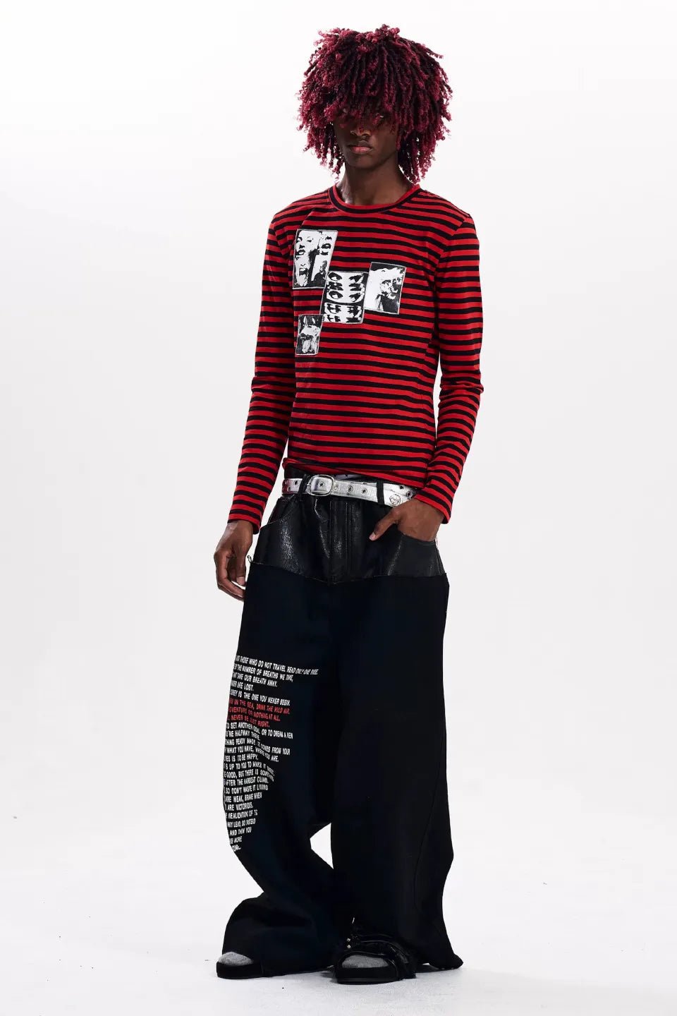 Red Striped Distorted Portrait Graphic LS T-shirts