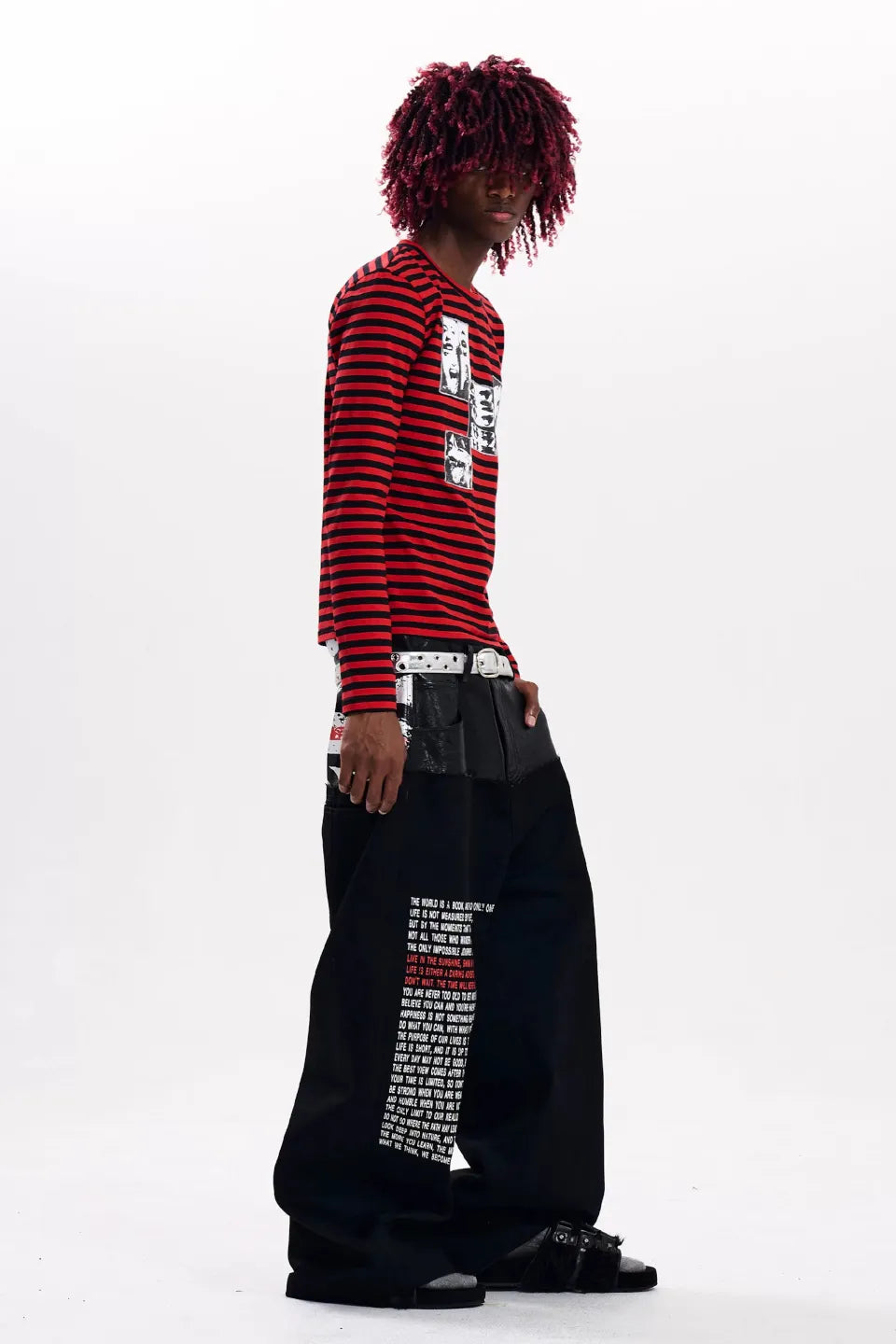 Red Striped Distorted Portrait Graphic LS T-shirts
