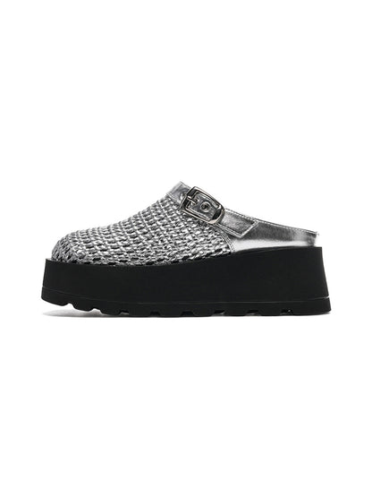 Woven Cut Out Platform Mules-Black
