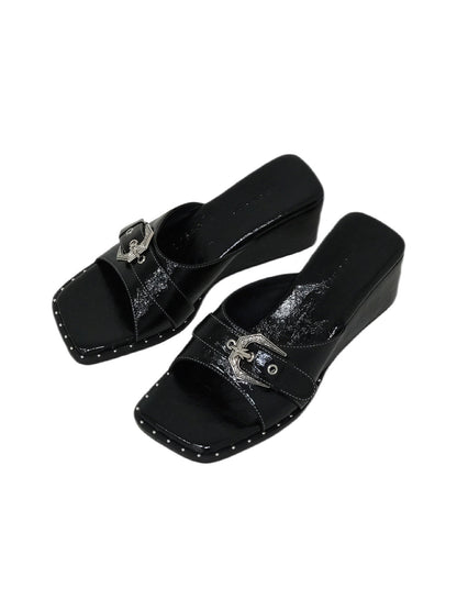 Black Leather Square-Toe Wedge Sandals