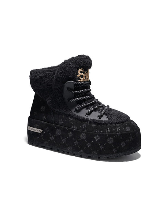 Black Monogram Design Faux Fur Platform Boots