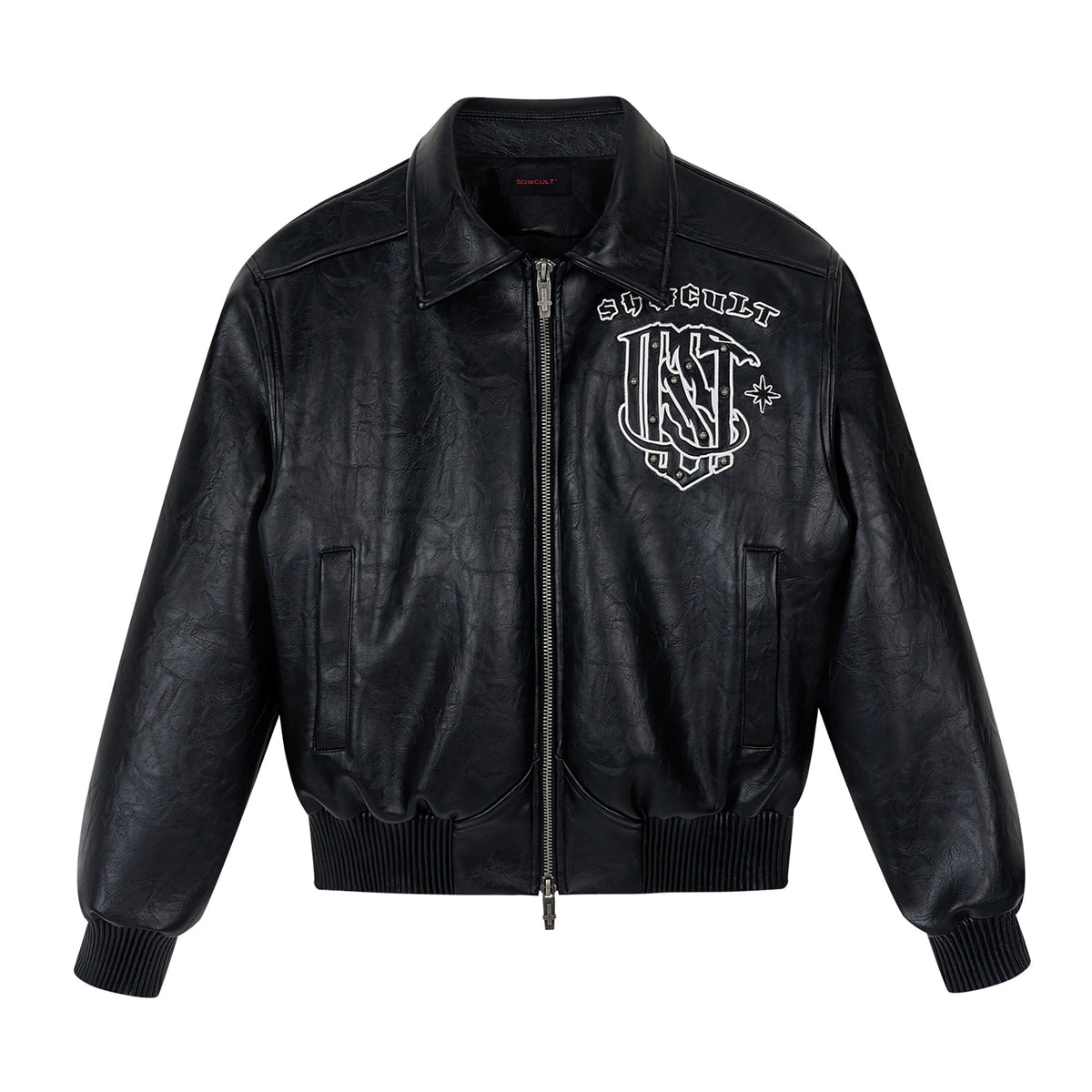 SAVAGEGROWTHWORLD No.05 Patch Faux Leather Studded Moto Jacket