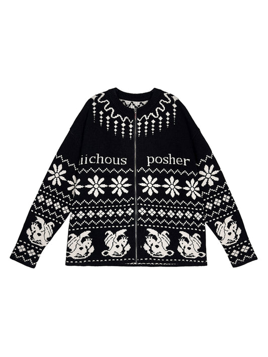 Fair Isle Dragon Knit Zip Cardigan