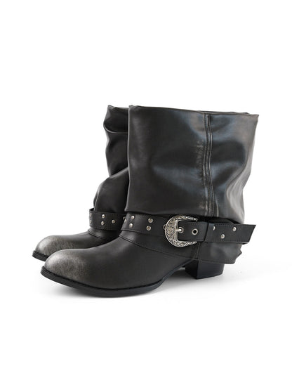 Black Chunky Leather Pointed Ankle Boots