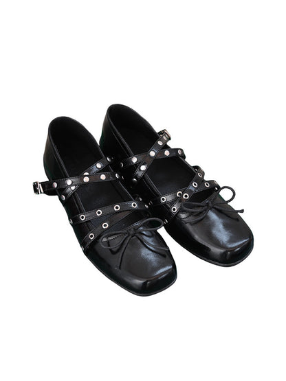 Black Bow-Knot Studded Ballet Flats