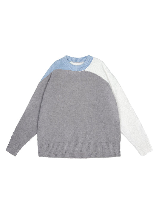 Colorblock Coral Fleece Knit Crewneck Sweater