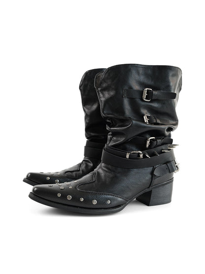 Black Leather Pointed-Toe V-Shaped Studded Ankle Boots