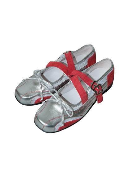 Red Leather Mary Jane Flats with Bows