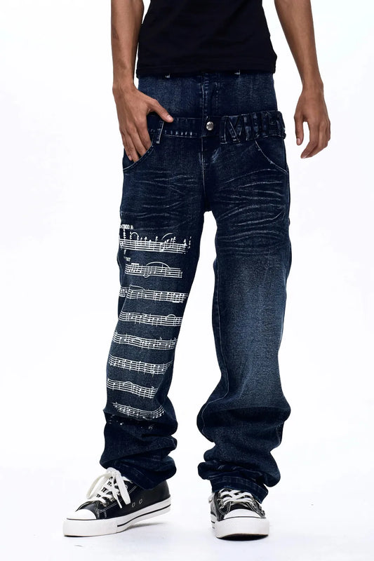 Sheet Music Double Waistband Indigo Denim Pants