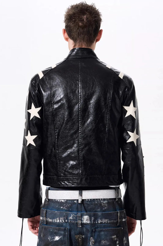 Star Embossed Lace Up Biker Jacket