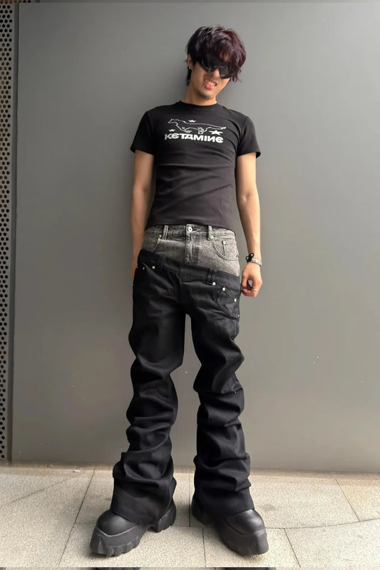 Two Tone Layered Waist Flare Denim
