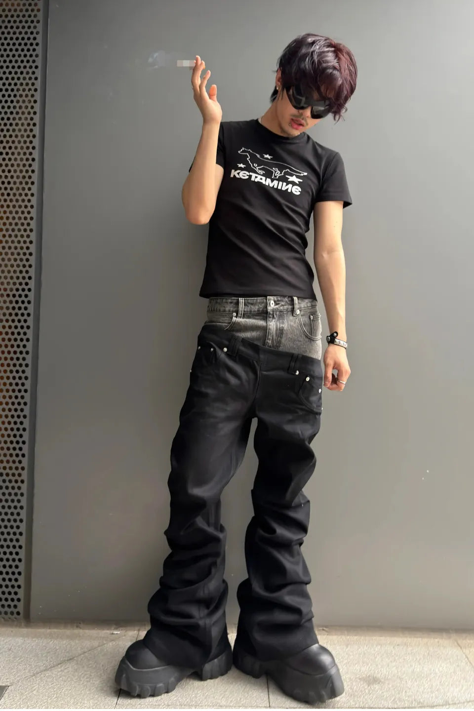 Two Tone Layered Waist Flare Denim