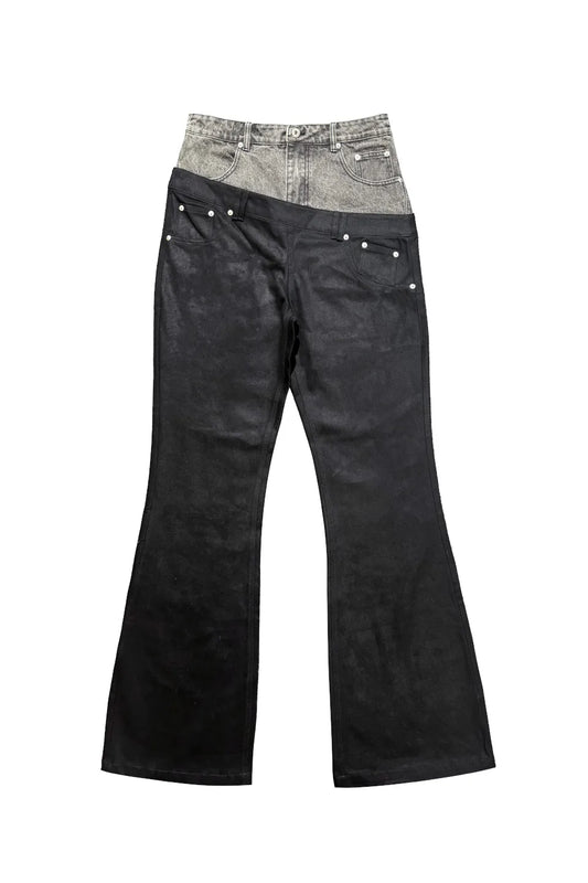 Two Tone Layered Waist Flare Denim