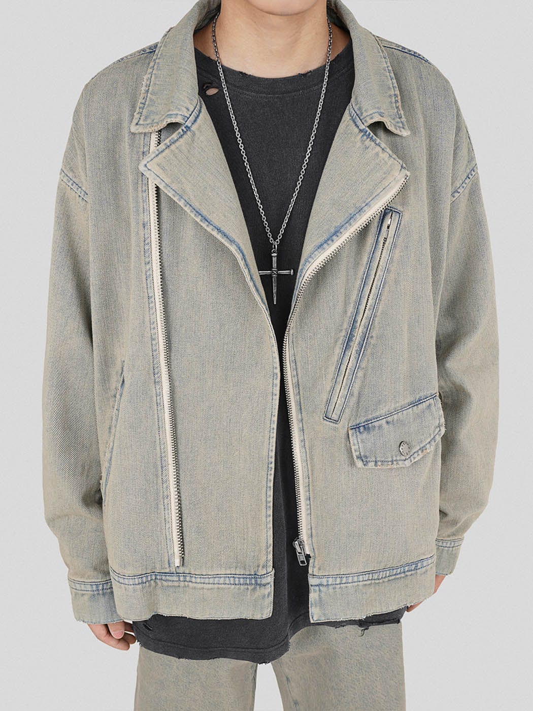 UNDERWATER Acid Wash Zipper Biker Jacket