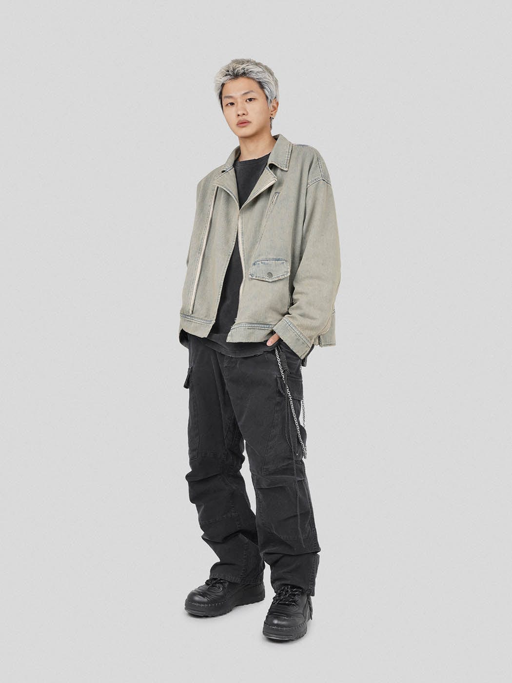 UNDERWATER Acid Wash Zipper Biker Jacket