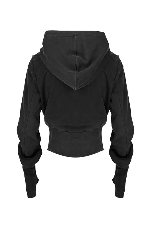 Washed Leatherette Armor Shoulder Zip Hoodie