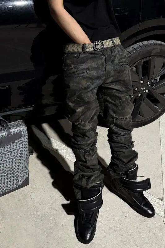 Wax Coated Camo Distressed Jeans