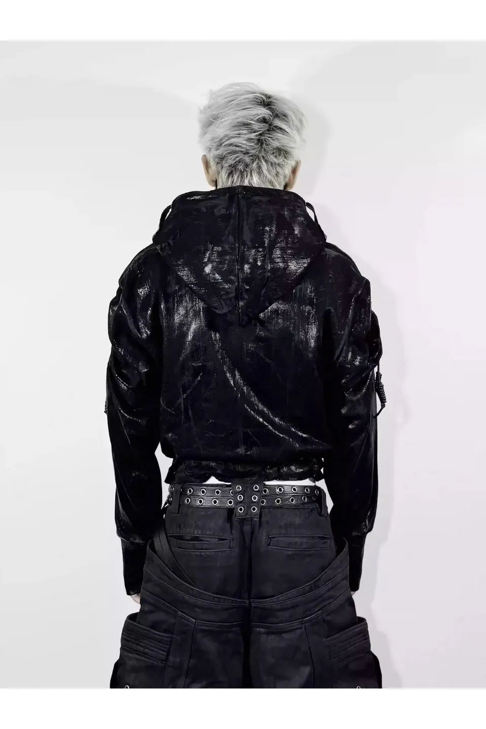 Wax Coated Hoodie Jacket with Drawstring Hem and Chain Detail