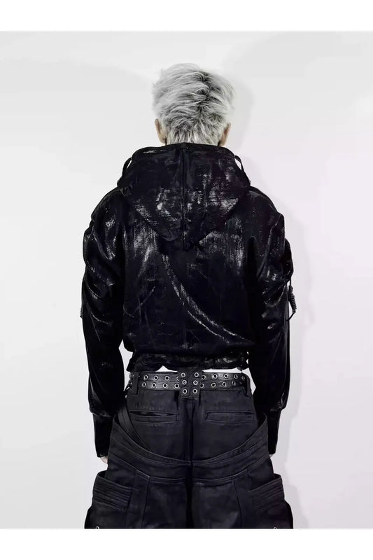 Wax Coated Hoodie Jacket with Drawstring Hem and Chain Detail