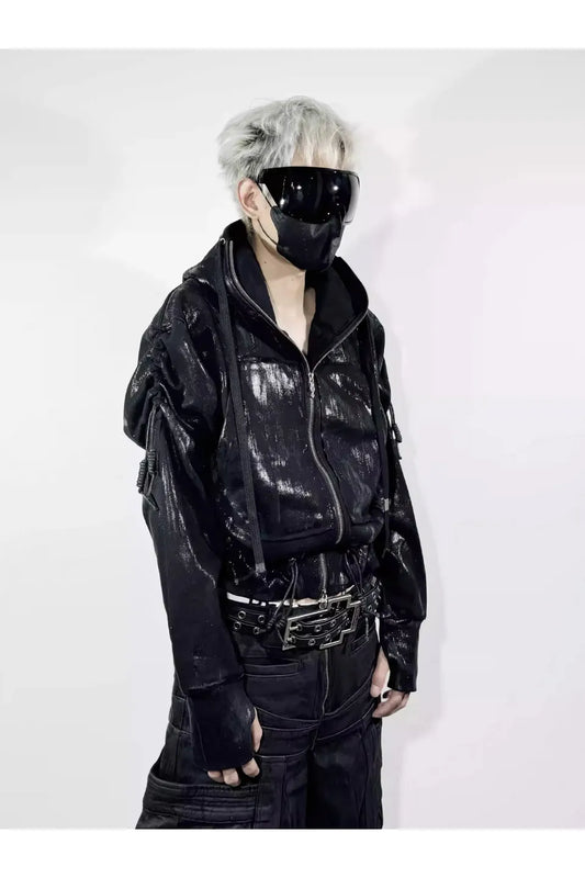 Wax Coated Hoodie Jacket with Drawstring Hem and Chain Detail