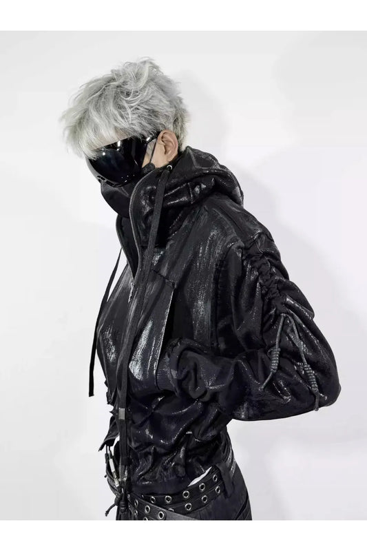 Wax Coated Hoodie Jacket with Drawstring Hem and Chain Detail