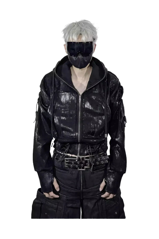 Wax Coated Hoodie Jacket with Drawstring Hem and Chain Detail