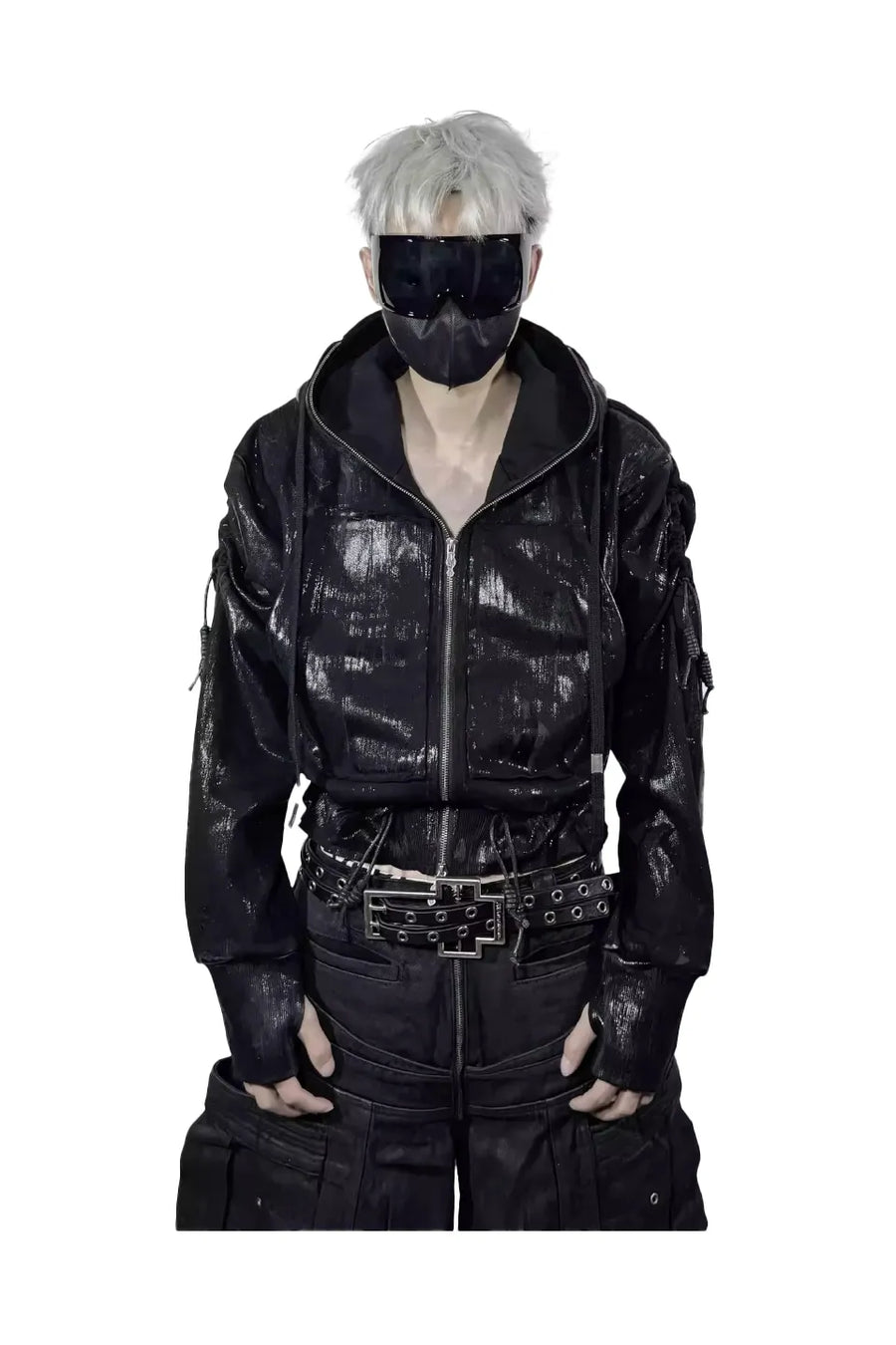Wax Coated Hoodie Jacket with Drawstring Hem and Chain Detail