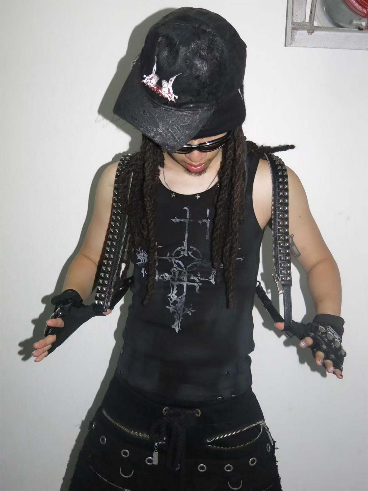TH4SWE Retro Gothic Cross Graphic Studded Tank Top