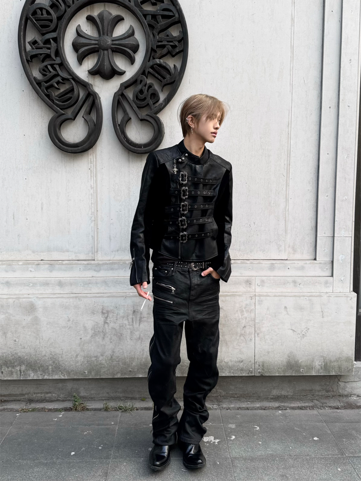 TH4SWE Retro Ornate Buckled Faux Leather Jacket