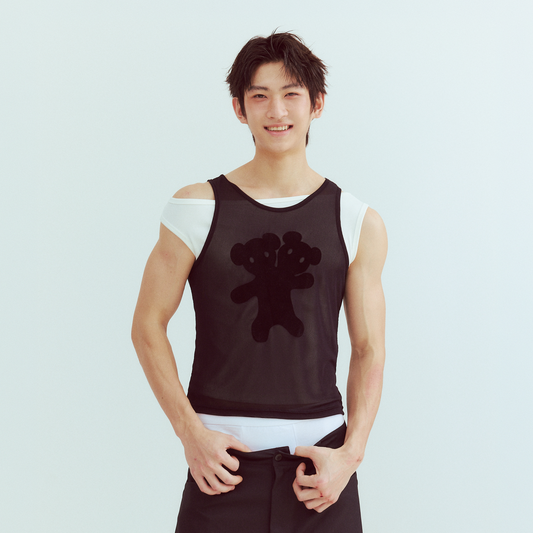 KADAKADA Flocked Bear Mesh One-Shoulder Ribbed Tank Set