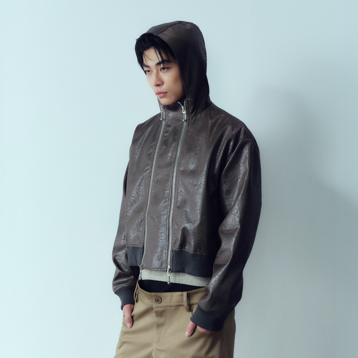 KADAKADA Faux Leather Dual-Zipper Hooded Jacket