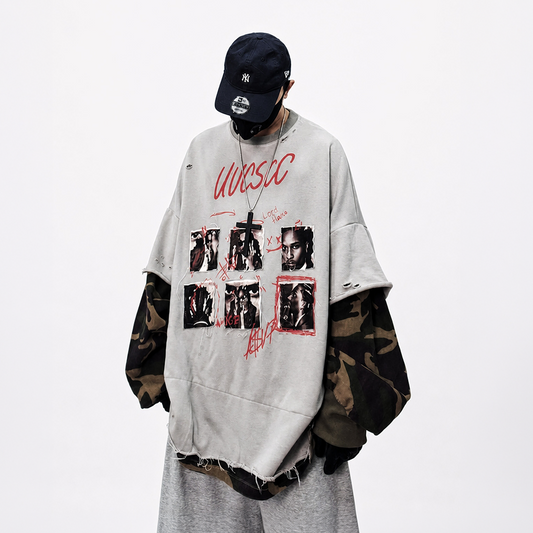 UUCSCC Retro Camo Spliced Distressed Oversized Crewneck Sweatshirt