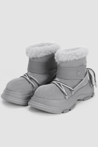 Light Grey Winter Boot with White Faux Fur Trim