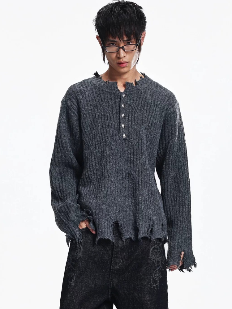 Button-down Crewneck Sweater Loose-fit Top