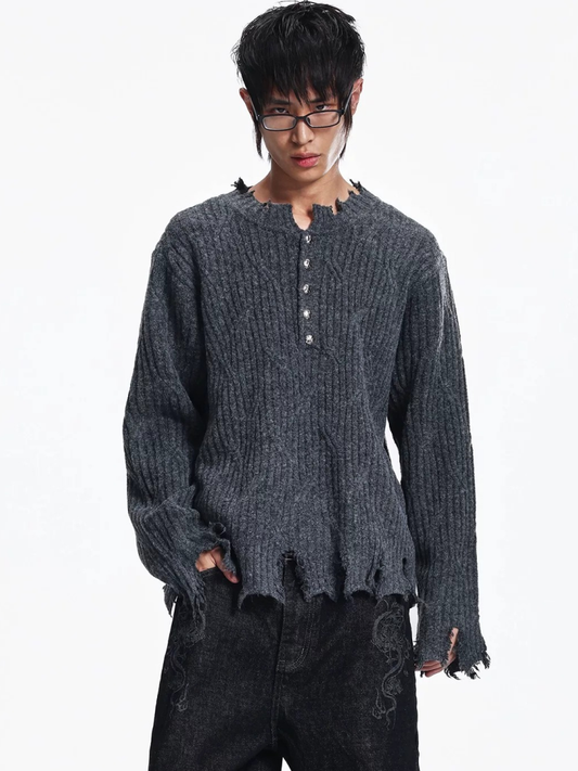 Button-down Crewneck Sweater Loose-fit Top