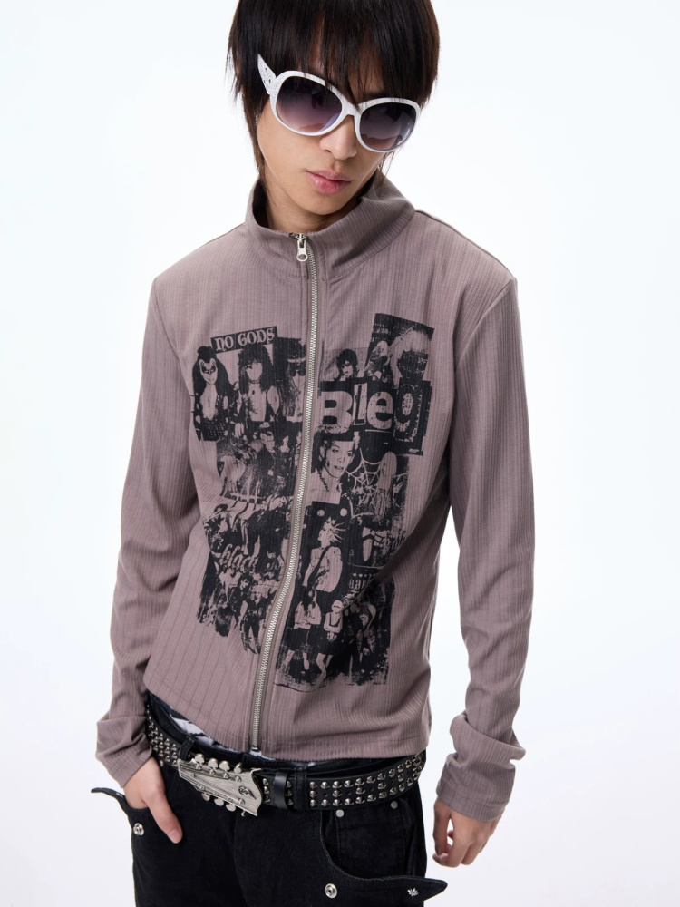Slim-fit Zipper High-neck Cardigan