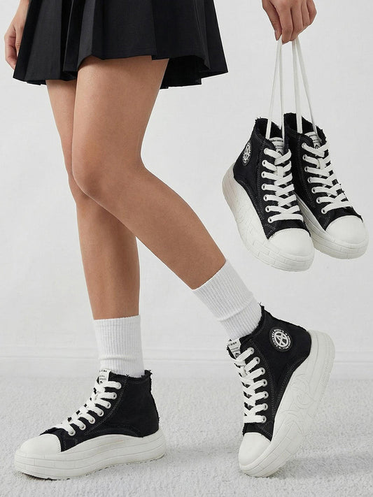 Two-Tone Platform Canvas High-Top Sneakers