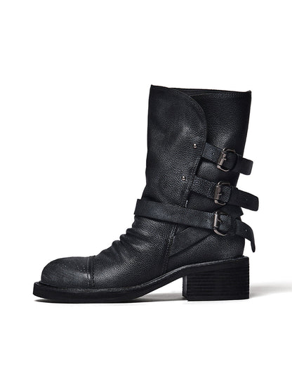 Distressed Triple-Buckle Ankle Boots