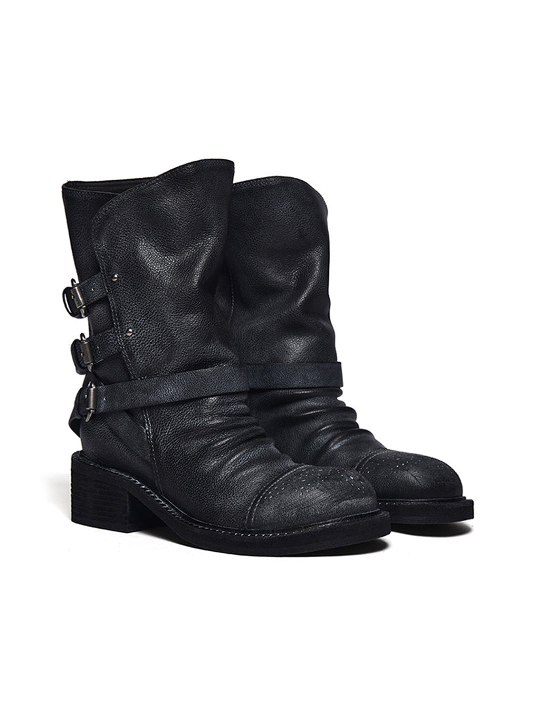 Distressed Triple-Buckle Ankle Boots